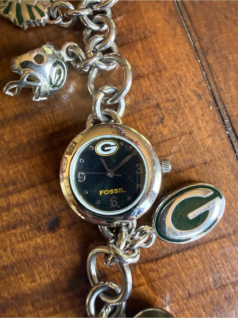 Fossil Silver Charm Bracelet Watch with Green Accents (new battery)